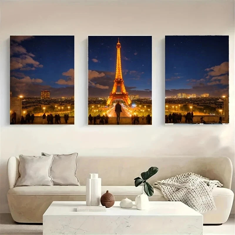 3-Piece Metal Wall Art Print - Group of People Standing in Front of Tower - Ready to Hang Home Decor for Living Room, Bedroom & Office