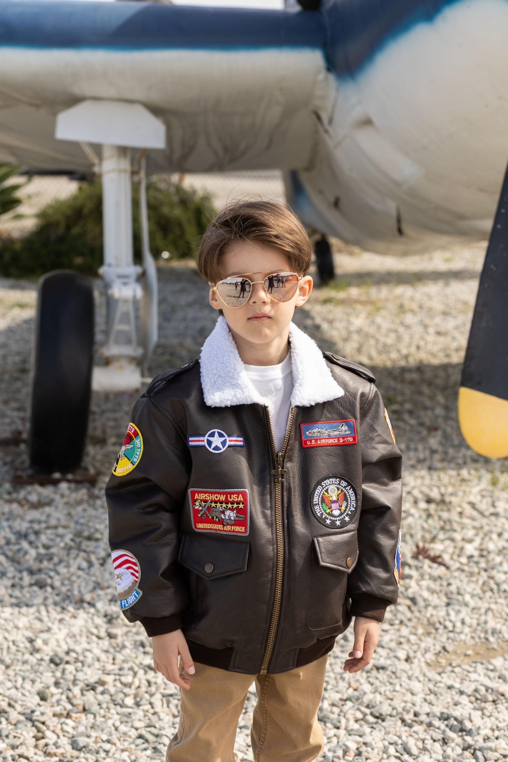 Kids' Medium-Weight Brown A-2 Bomber Jacket with 9 Patches - Stylish Outerwear for Boys & Girls, Perfect for School, Playdates & Outdoor Adventures