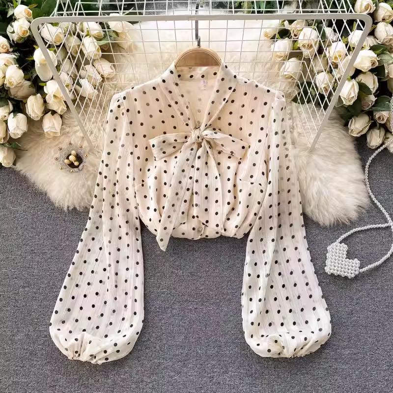 Elegant Chiffon V-Neck Bow Puff Sleeve Polka Dot Blouse for Women | Summer Casual & Party Wear | Perfect for Office, Date Night & Special Occasions