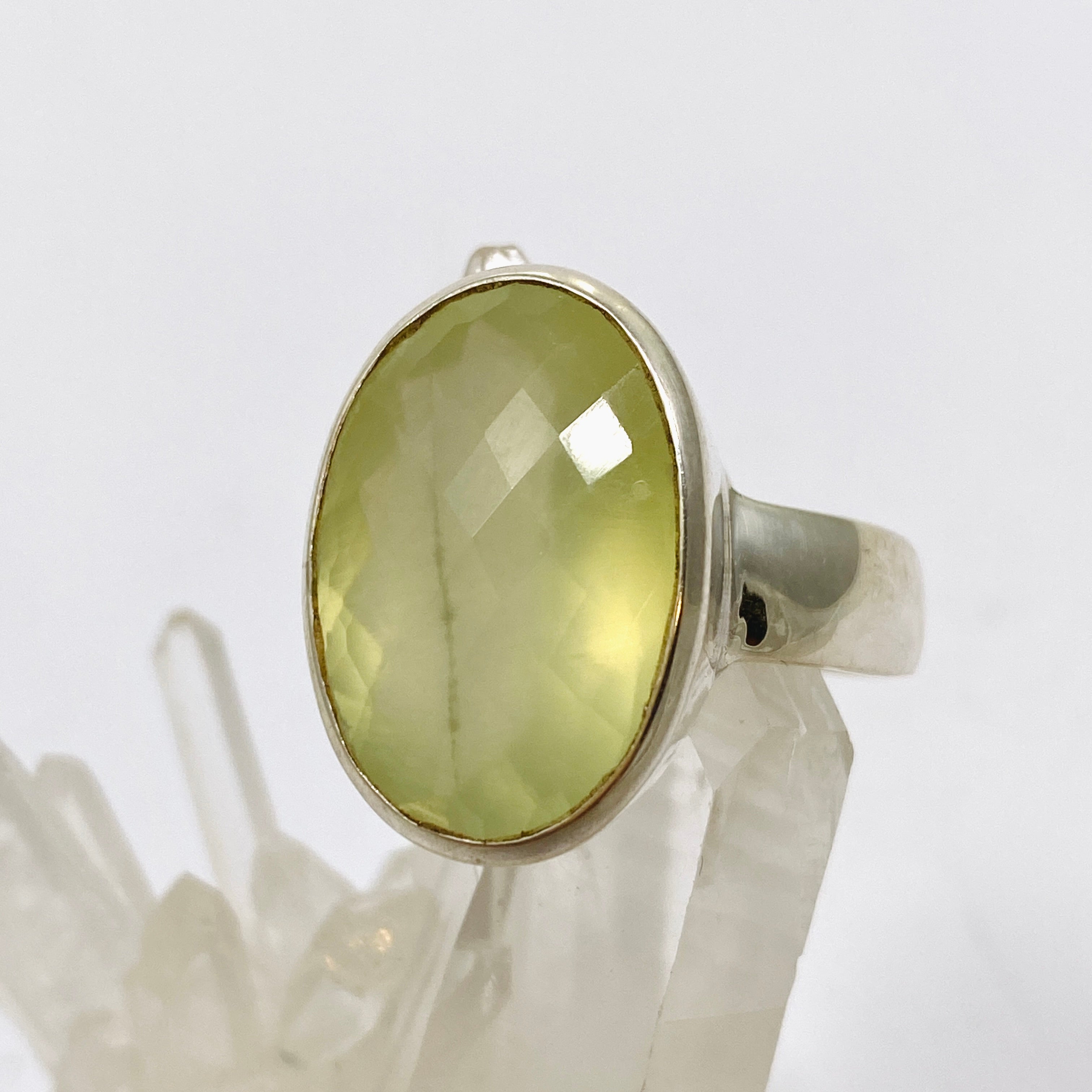 Prehnite Oval Checkerboard Faceted Ring - Size 12 Sterling Silver Jewelry for Women - Perfect for Wedding, Anniversary & Special Occasion Gifts