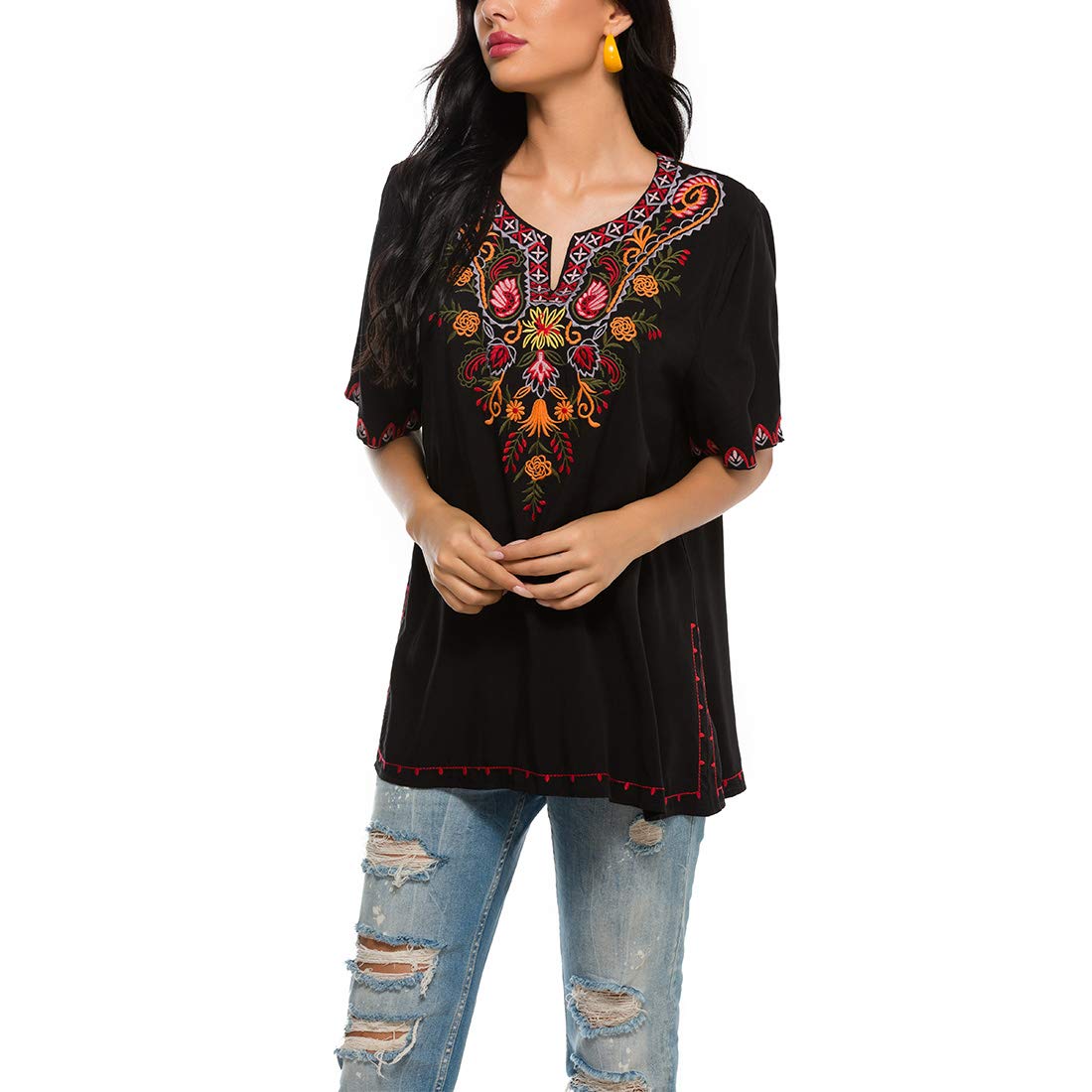 AK Women's Summer Boho Shirt - Embroidered Mexican Bohemian Blouse with Short Sleeves | Casual Tunic Top for Beach, Festival & Vacation Outfits
