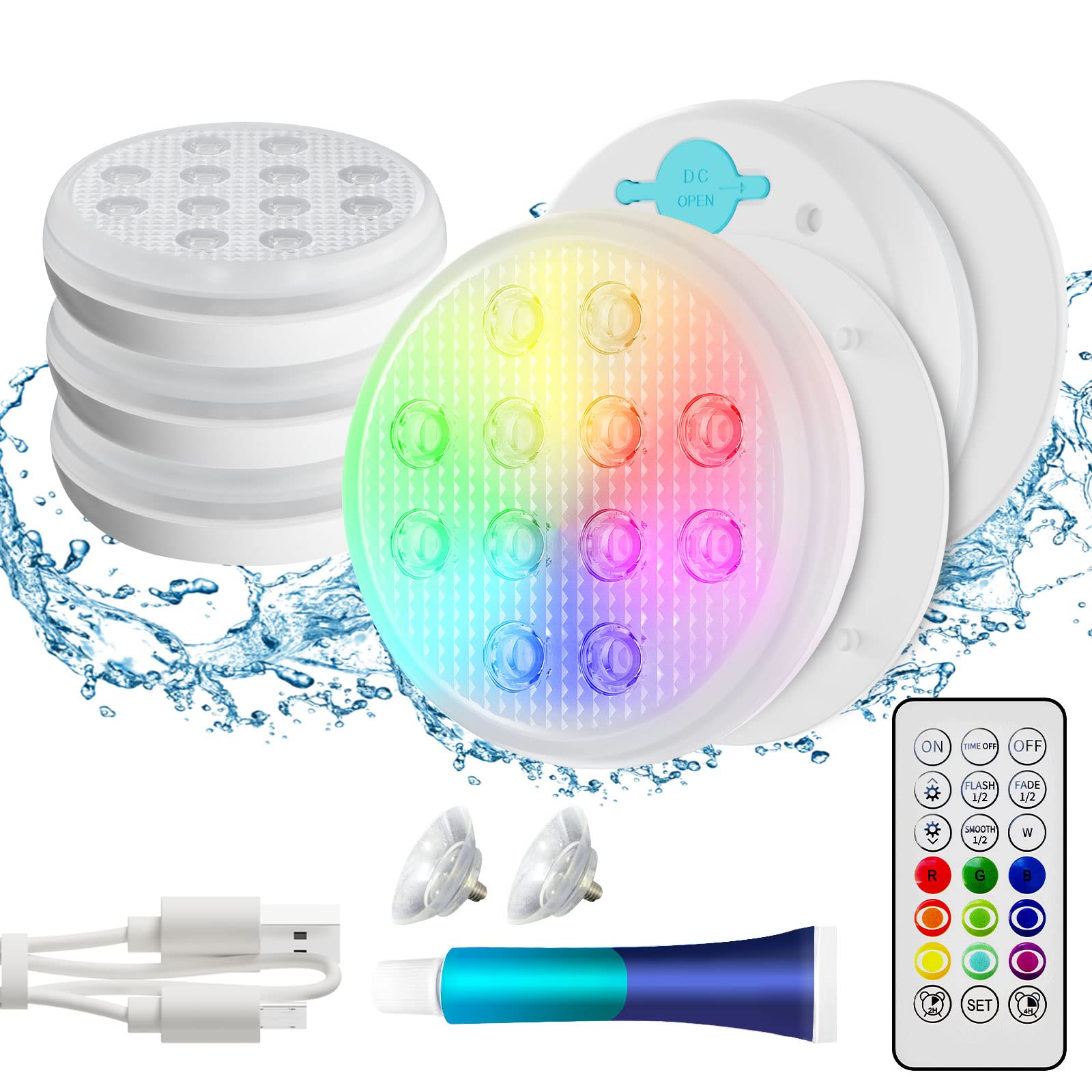 Rechargeable Submersible LED Pool Lights - 16 Color Changing IP68 Waterproof Underwater Lights with Remote, Magnets & Suction Cups - Perfect for Bathtub, Pond, Party Decor (7 Pack)