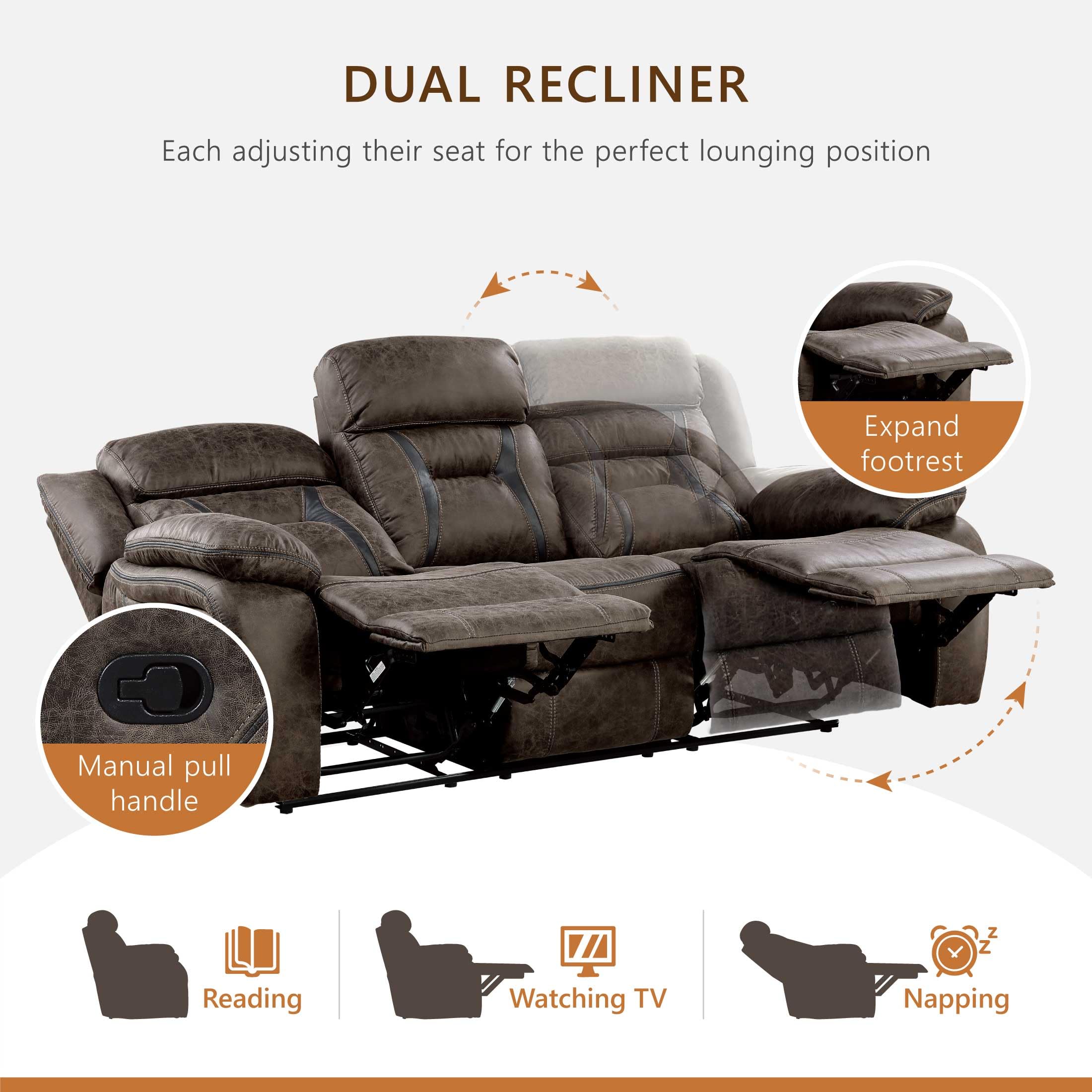Homelegance Dark Brown Polished Microfiber Manual Double Recliner Sofa - Comfortable Living Room Furniture for Relaxing & Entertaining