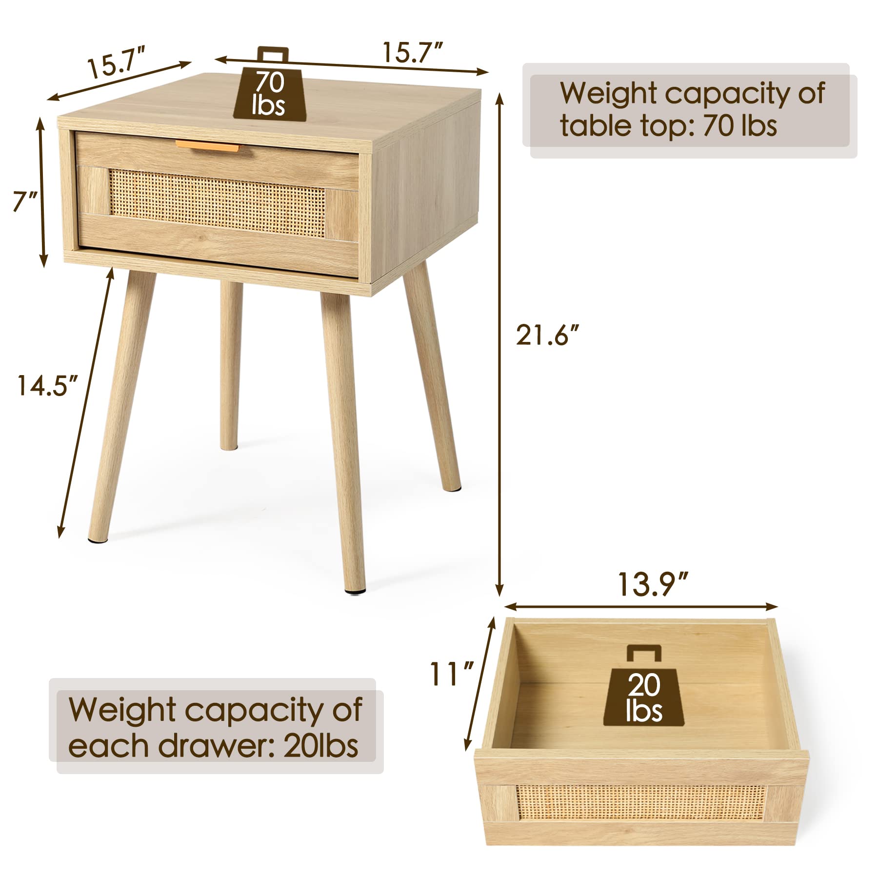 LAZZO Set of 2 Wooden Nightstands with Rattan Weaving Drawers - Modern Bedside Tables for Bedroom Storage, Night Stands with Drawer Organizer - Perfect for Small Spaces, Guest Rooms & Apartment Living (Set of 2)