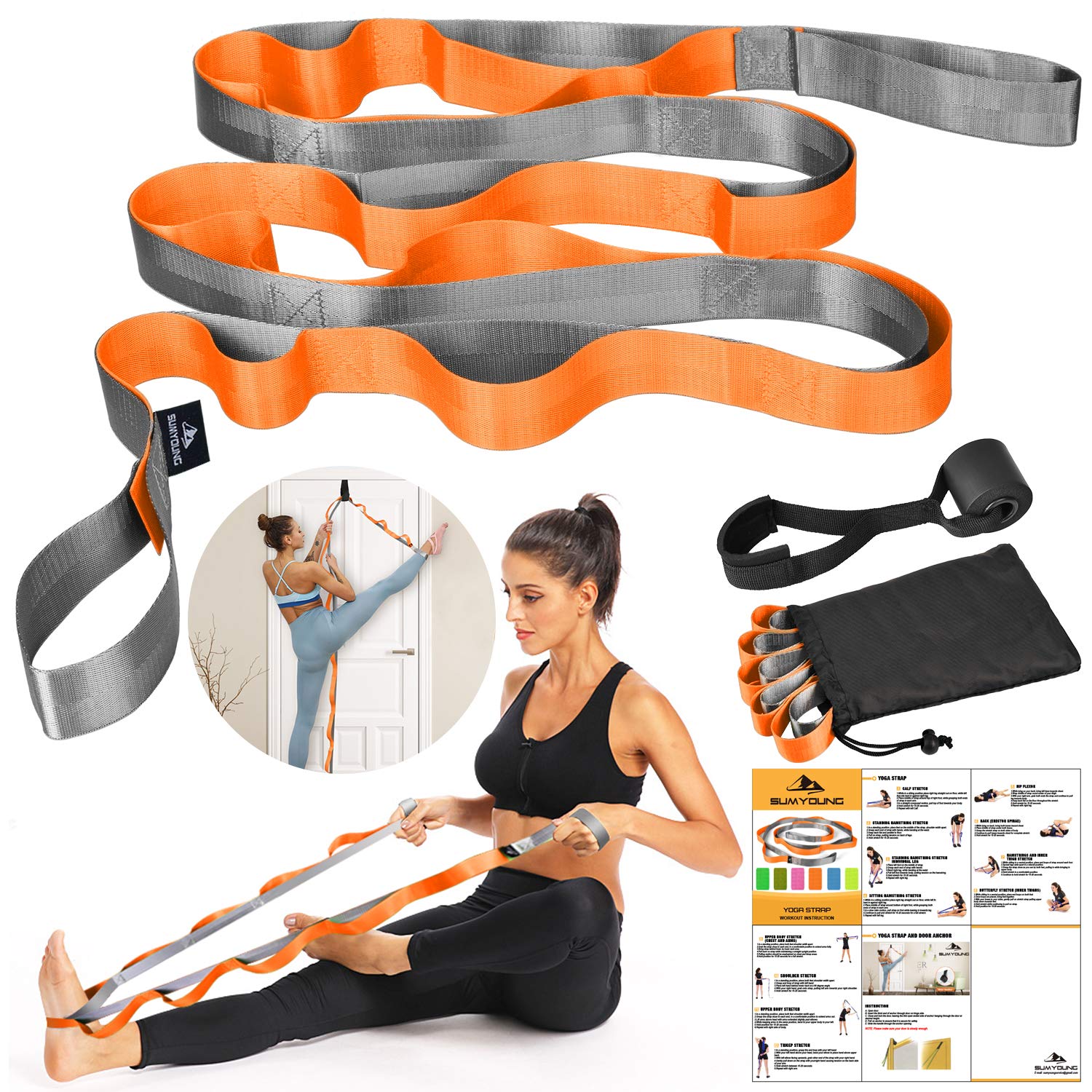 SUMYOUNG Yoga Stretching Strap with 12 Loops - Extra Thick Nonelastic Exercise Band for Yoga, Pilates, Physical Therapy, Dance & Gymnastics - Includes Travel Bag & Door Anchor - Perfect for Home Workouts, Gym Training & Rehabilitation Exercises