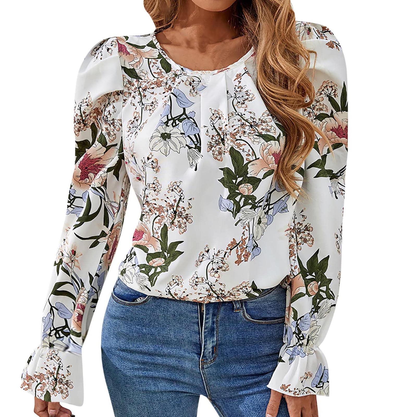 Women's Vintage Floral Print Puff Long Sleeve Blouse - Crew Neck Pleated Loose Fit Tunic Top for Casual Wear, Office & Date Night Outfits