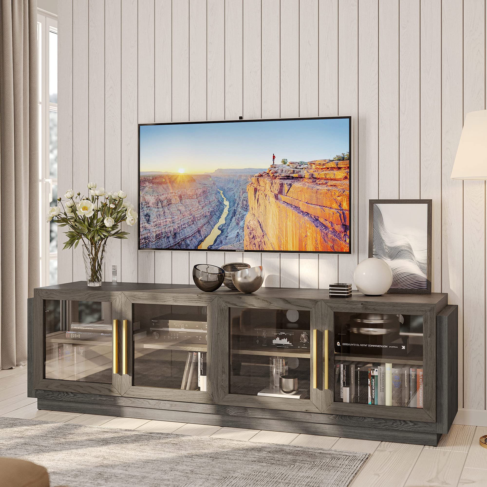 BELLEZE 70 Inch TV Stand for 75 Inch TVs - Modern Wood Entertainment Center with Storage Shelves, Living Room & Bedroom TV Cabinet - Brixston Brown - Perfect for Home Theater Setup & Media Organization
