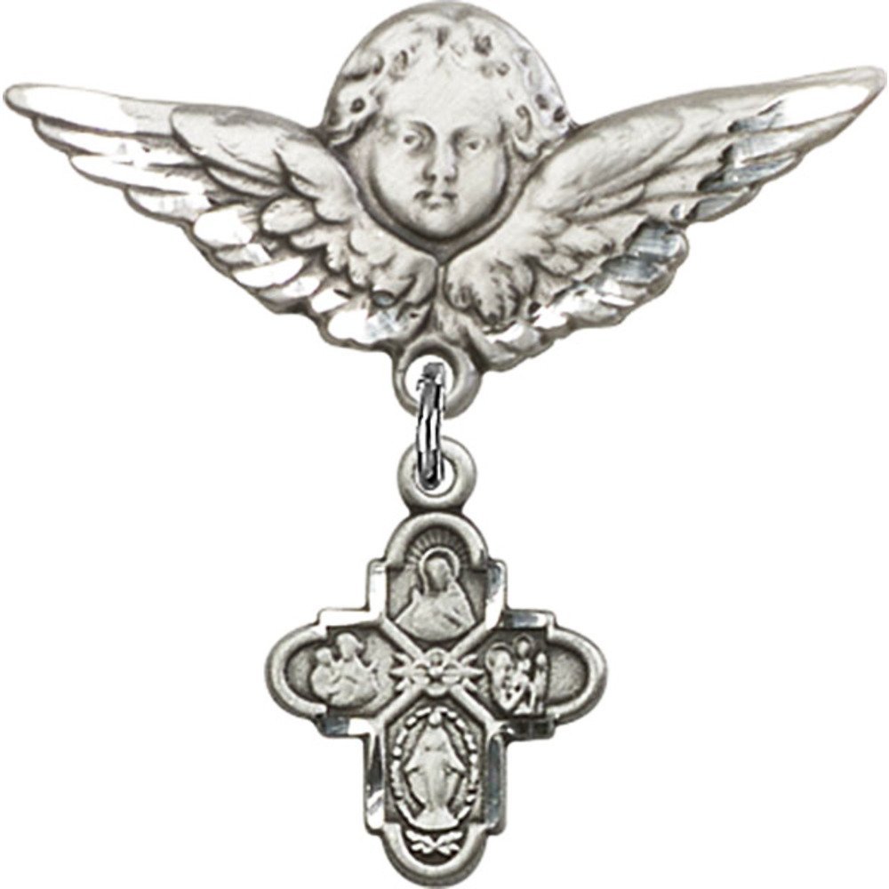 Sterling Silver Baby Badge with 4-Way Charm & Angel Wing Pin - 1 1/8