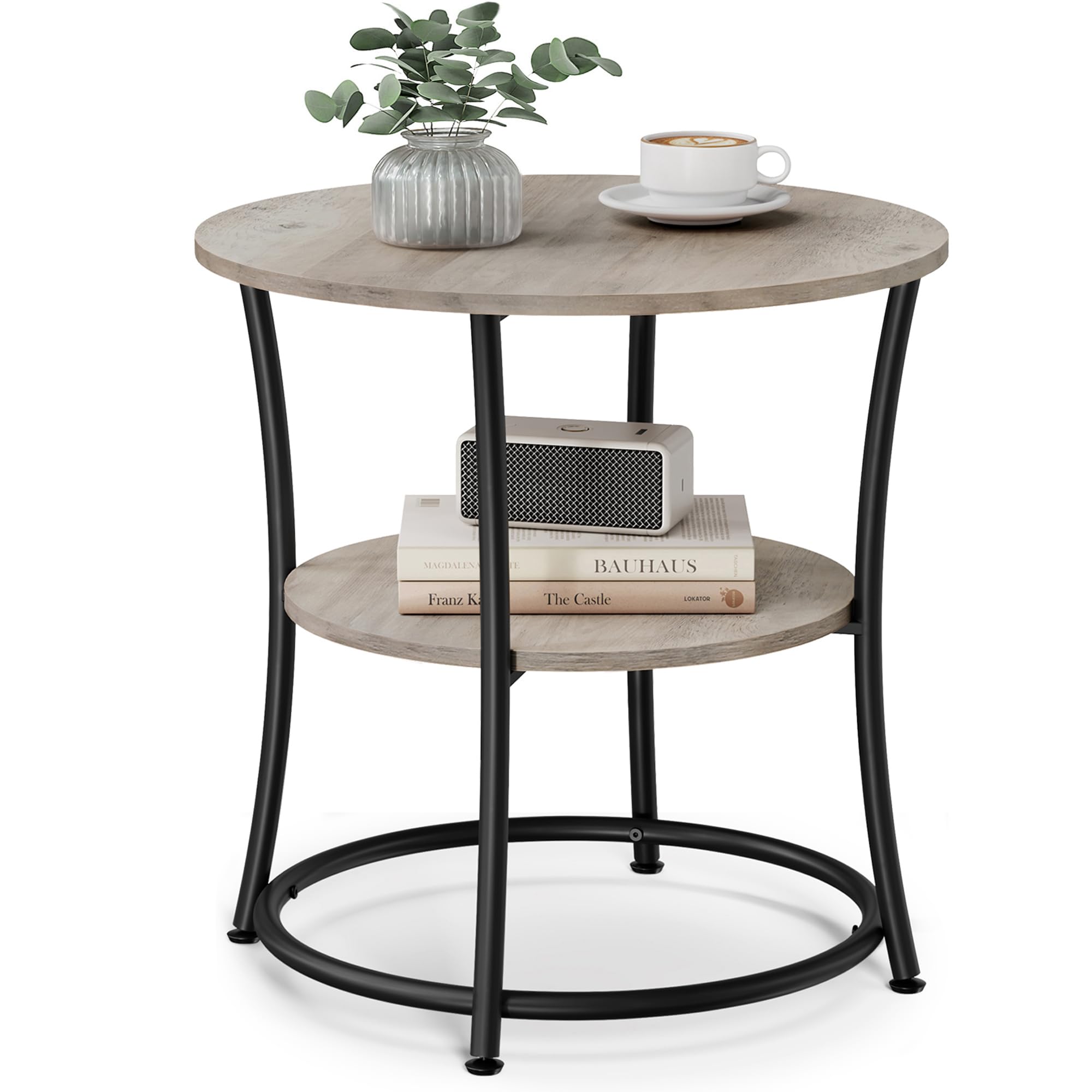 VASAGLE Round Side Table with 2 Storage Shelves - Steel Frame End Table for Living Room, Bedroom, Office - Compact Nightstand & Coffee Table for Small Spaces in Greige & Ink Black - Perfect for Holding Lamps, Books & Decor