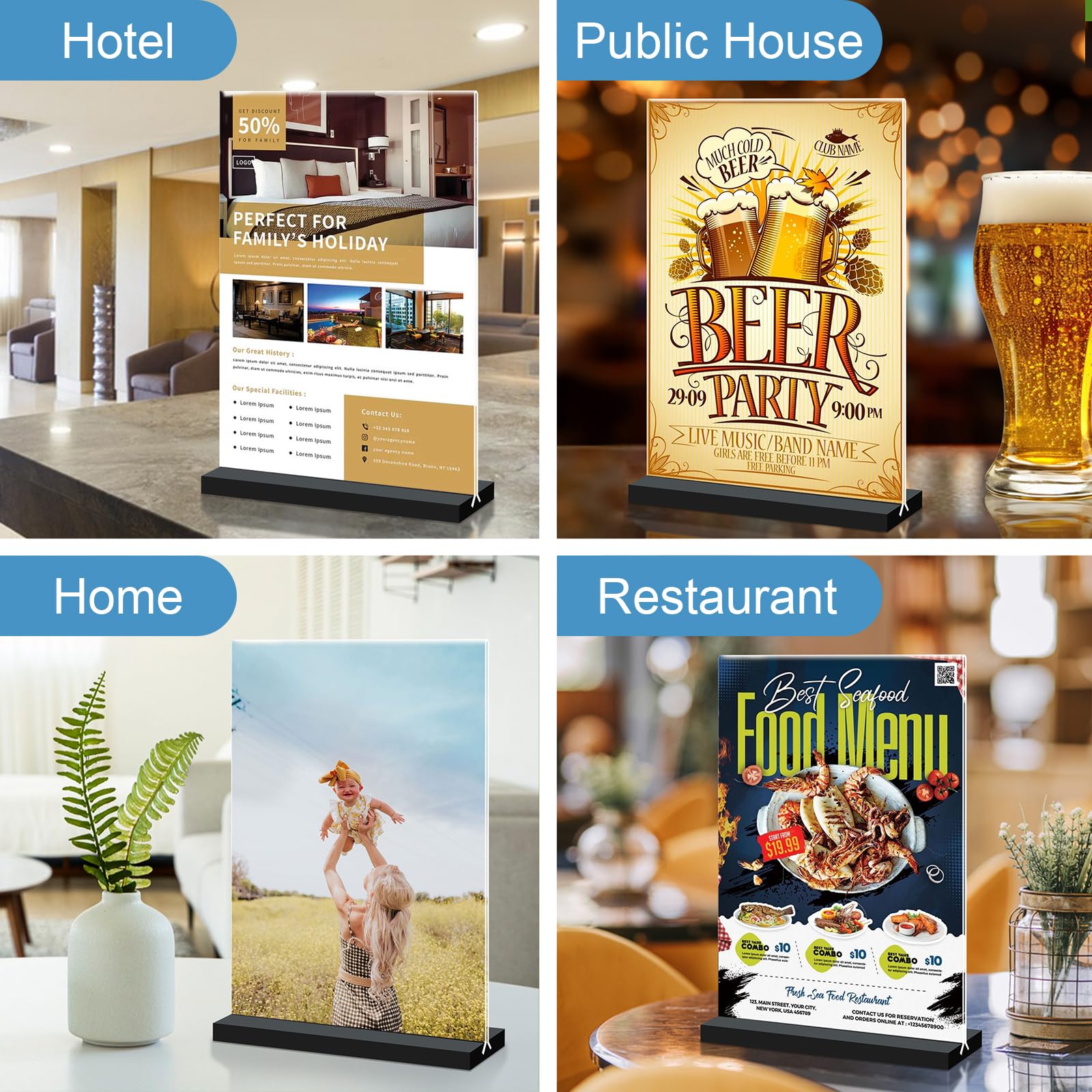 Seencool 8.5 x 11 Acrylic Sign Holders - 8 Pack Clear Plastic Flyer Display Stands with Vertical Base | Double Sided Picture Frame & Menu Holders for Office, Restaurant, Store & Home | Perfect for Tabletop Displays, Promotions & Information Signage