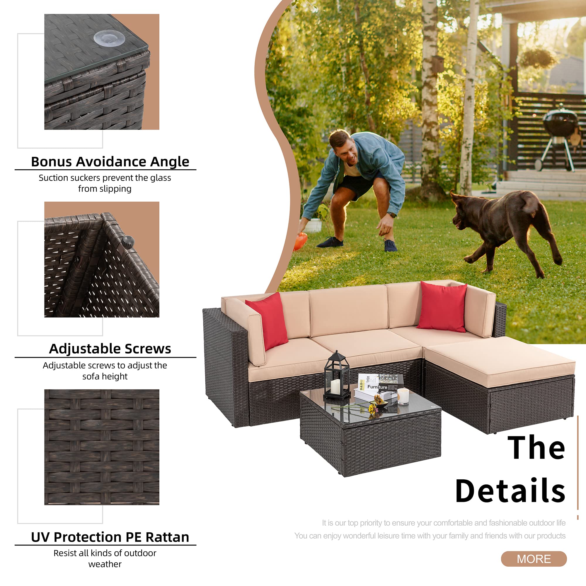 **Shintenchi 5-Piece All-Weather Outdoor Patio Furniture Set - PE Rattan Wicker Sectional Sofa with Glass Table, Ottoman, Cushions & Red Pillows - Perfect for Backyard, Garden, and Poolside Relaxation**