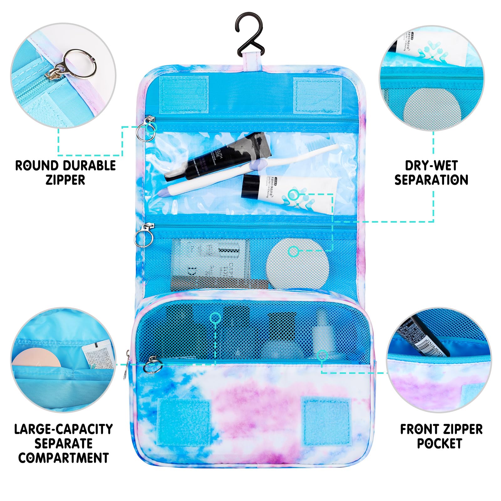 Waterproof Tie Dye Blue Kids Hanging Toiletry Bag for Girls - Travel Cosmetic & Makeup Organizer Wash Bag for Toddlers & Little Girls - Perfect for School Trips, Sleepovers & Family Vacations