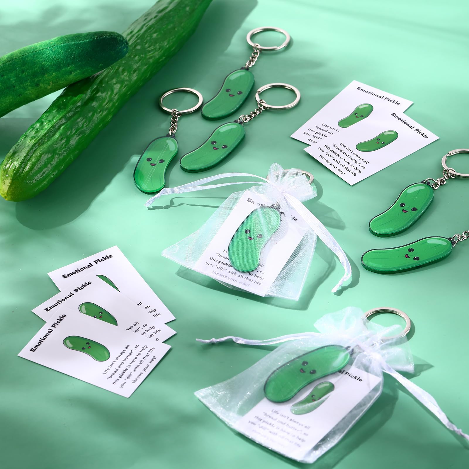 JaGely Inspirational Positive Cucumber Pickle Keychain - Funny Emotional Support Gift for Employees, Friends & Coworkers - Bulk Pack with Cards & Bags - Perfect for Office Gifts, Appreciation Awards & Stress Relief