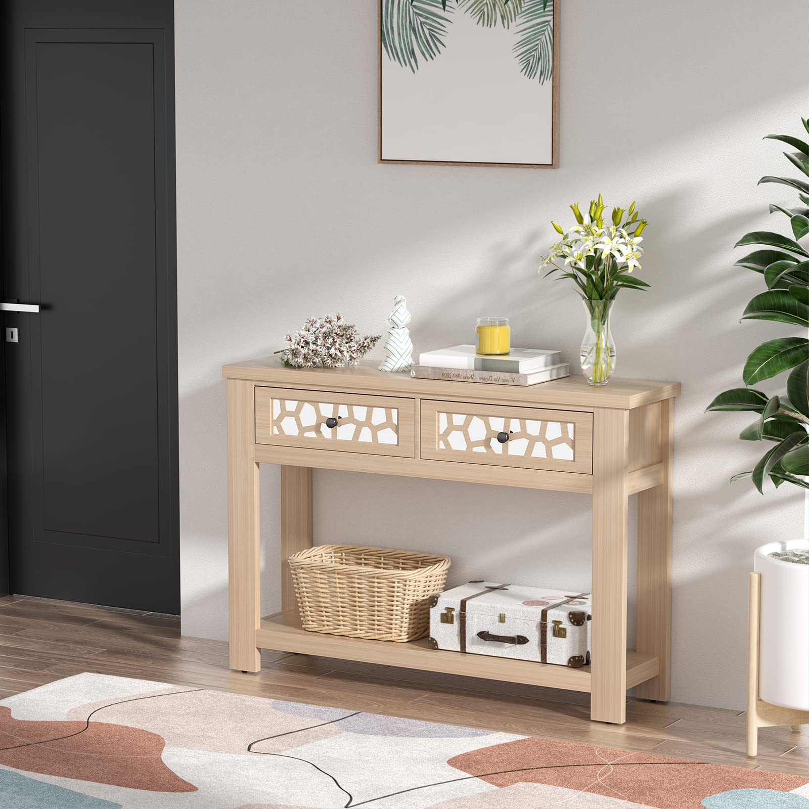 Giantex 2-Tier Wooden Console Table with 2 Drawers & Open Storage Shelf - Entryway Table for Living Room, Hallway, or Foyer - Easy Assembly Rectangular Accent Table (Natural Finish) - Perfect for Small Spaces, Home Decor & Organizing Keys, Mail & Essentials