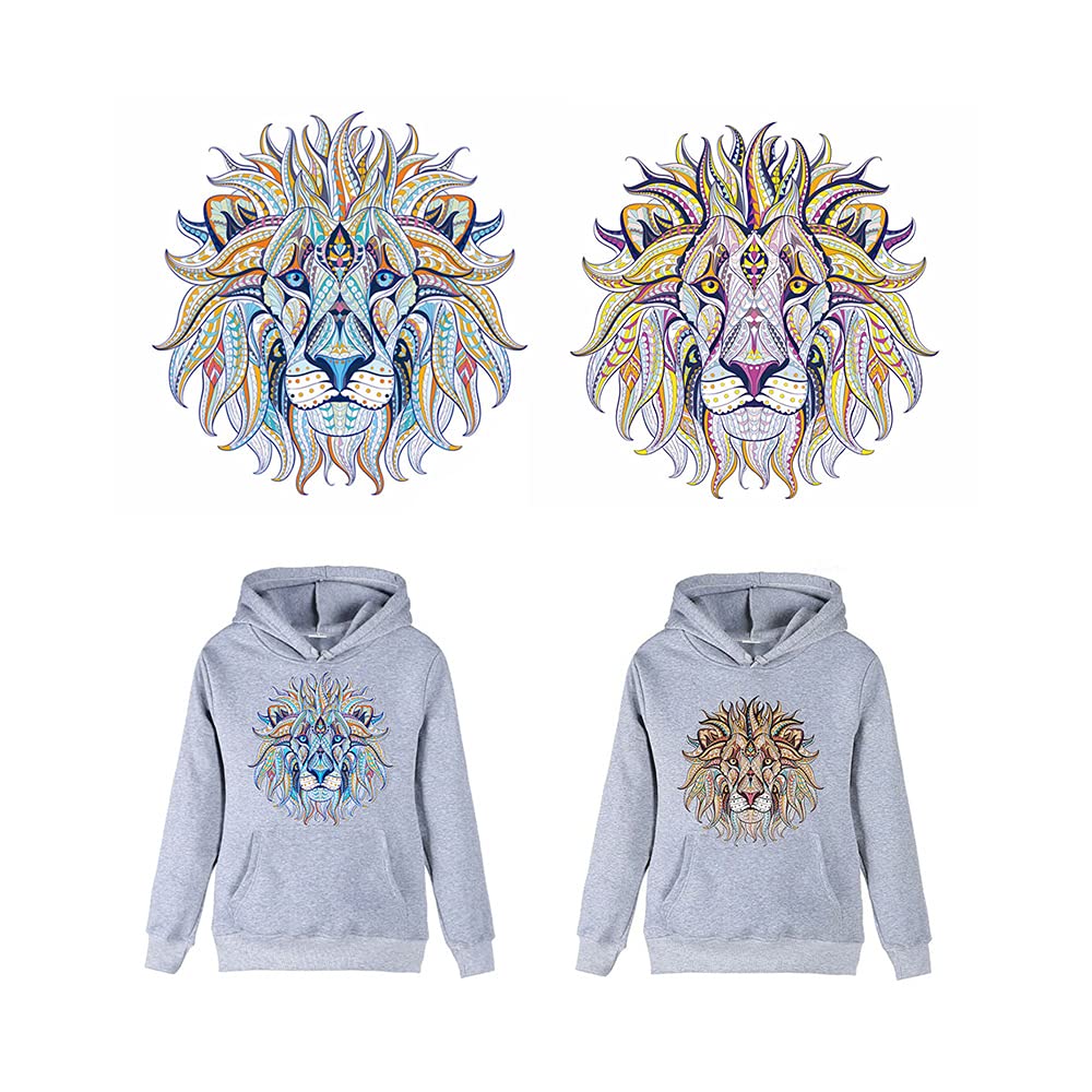 Acxico 2Pcs DIY Lion Iron-On Heat Transfer Patches for Clothes - Embroidered Applique Decor for Jackets, Jeans & Bags - Perfect for DIY Crafts, Costumes & Fashion Upcycling