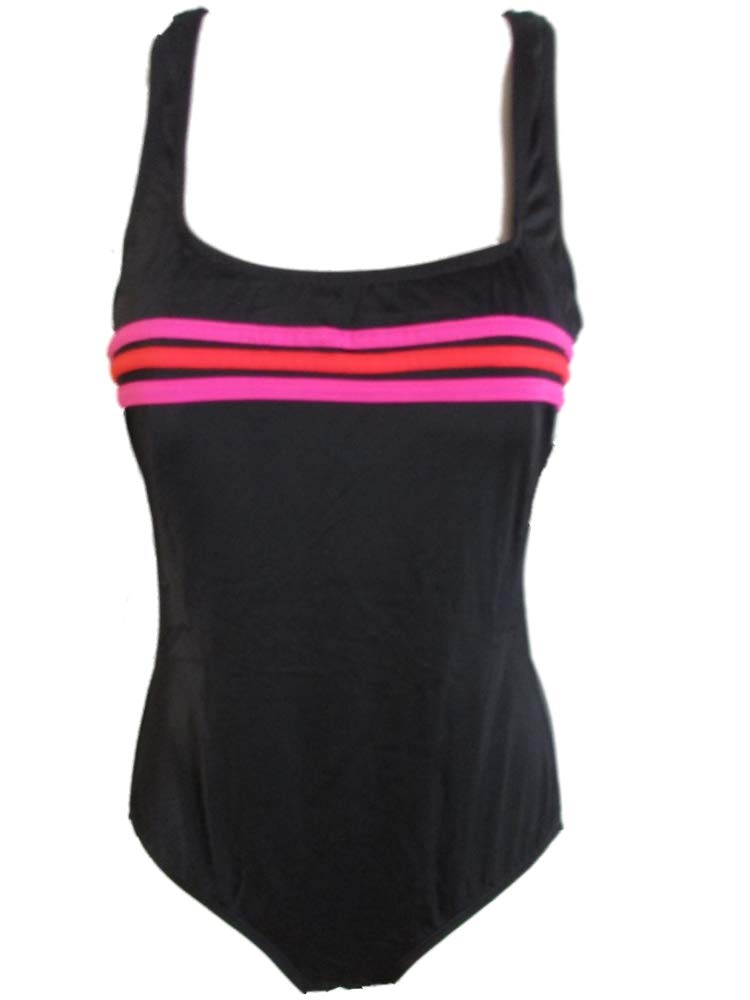 Fit 4 U Women's One Piece Swimsuit - Cami Tape Design in Black & Hot Pink | Perfect for Beach Vacations, Pool Parties & Summer Getaways