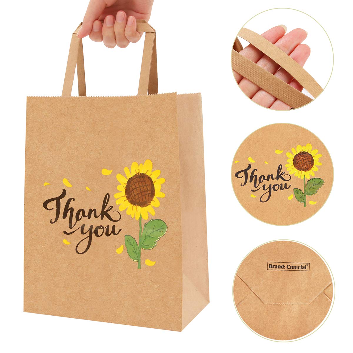 50Pcs 10x8x4.7 Inch Sunflower Thank You Gift Bags Bulk with Handles - Small Business Retail Paper Bags for Party Favors, Wedding, Baby Shower & Customer Appreciation Gifts