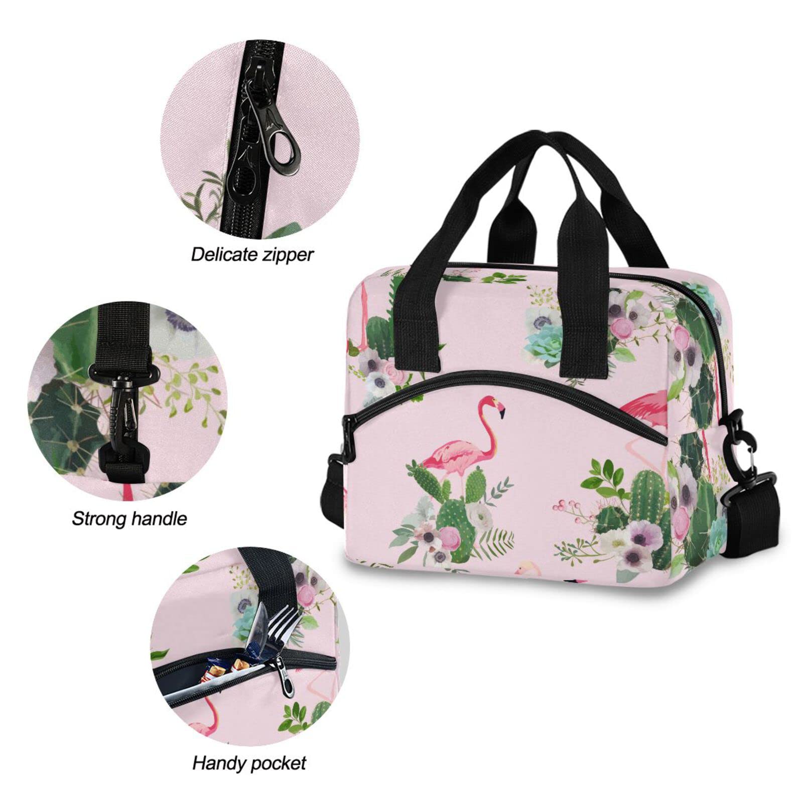 Flamingo & Cactus Insulated Lunch Bag for Women & Men - Reusable Thermal Tote with Adjustable Shoulder Straps - Perfect for Work, School, Picnics & Outdoor Activities
