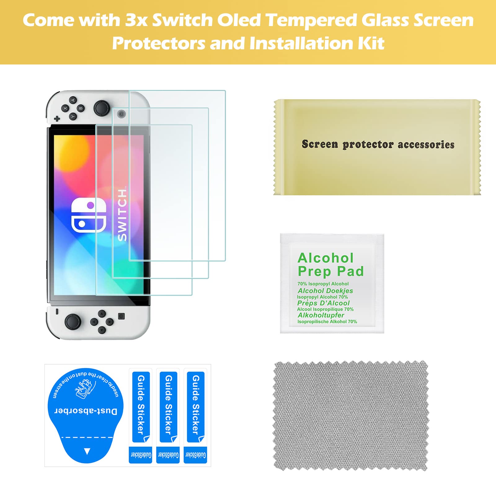 ProCase 3 Pack Tempered Glass Screen Protector for Nintendo Switch OLED (2021 Model) - Anti-Scratch, Bubble-Free, Rounded Edge Protection - Perfect for Gaming, Travel, and Home Entertainment