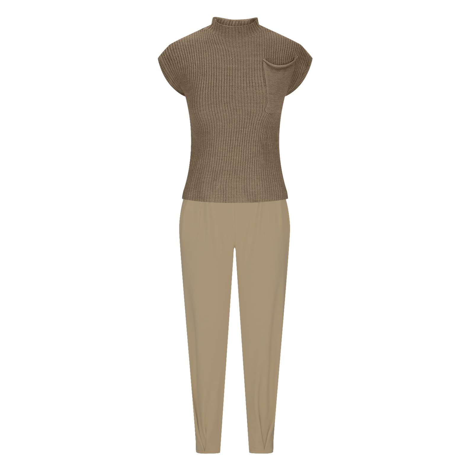 Women's 2 Piece Lounge Set - Soft Knit Short Sleeve Crewneck Pocket Top with Tapered Long Pants | Cozy Sweater Outfit for Home, Travel & Casual Wear