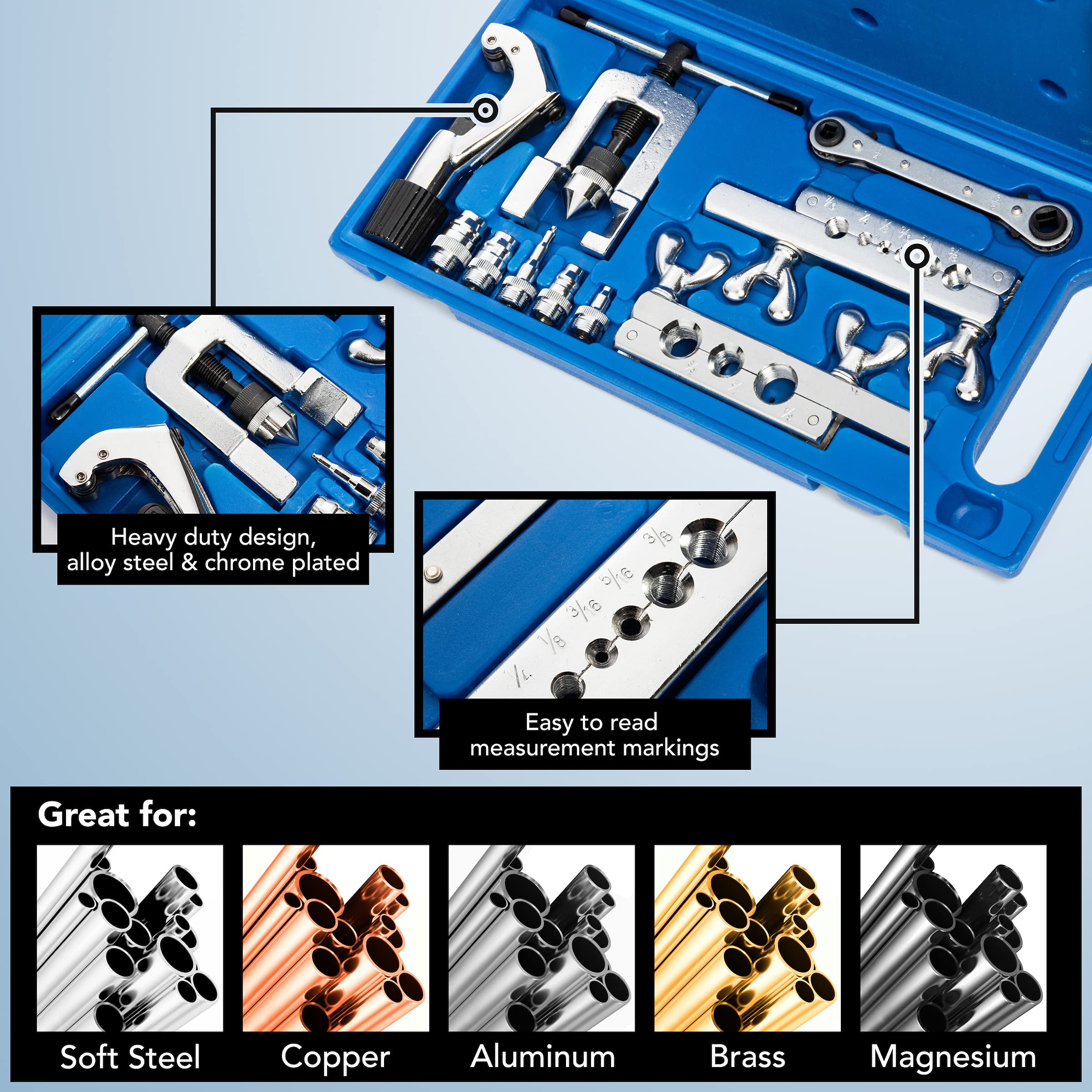 LORESO Flaring Tool Kit - Breakline & HVAC Swaging Tool Set for 45° Single Flares on Copper, Aluminum, Brass & Soft Steel Lines with Tube Cutter | Perfect for Refrigerator Repair, Auto AC Maintenance & Plumbing Projects