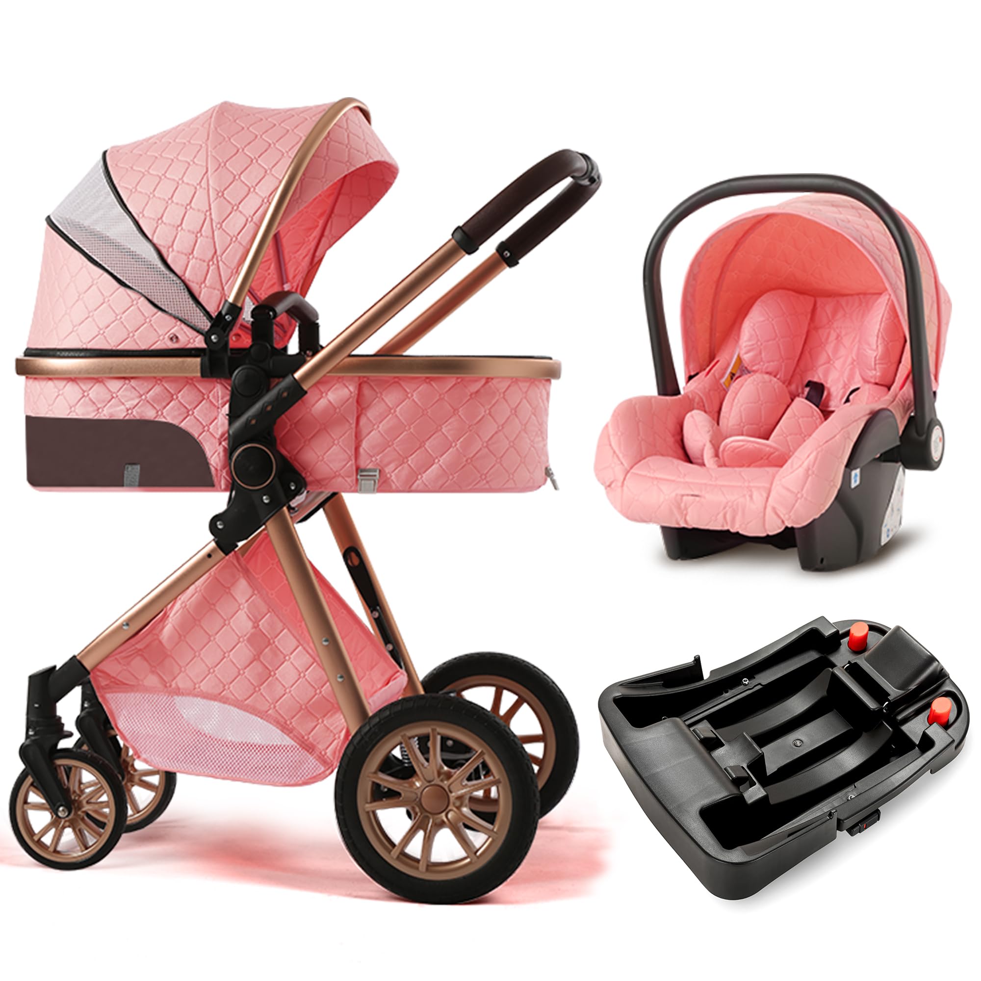 3 in 1 Baby Travel System - Reversible Foldable Stroller with Pram & Carriage | Lightweight Infant Pushchair for Newborns | High Landscape View & Reclining Seat (Pink Base) - Perfect for Shopping, Travel & Daily Walks