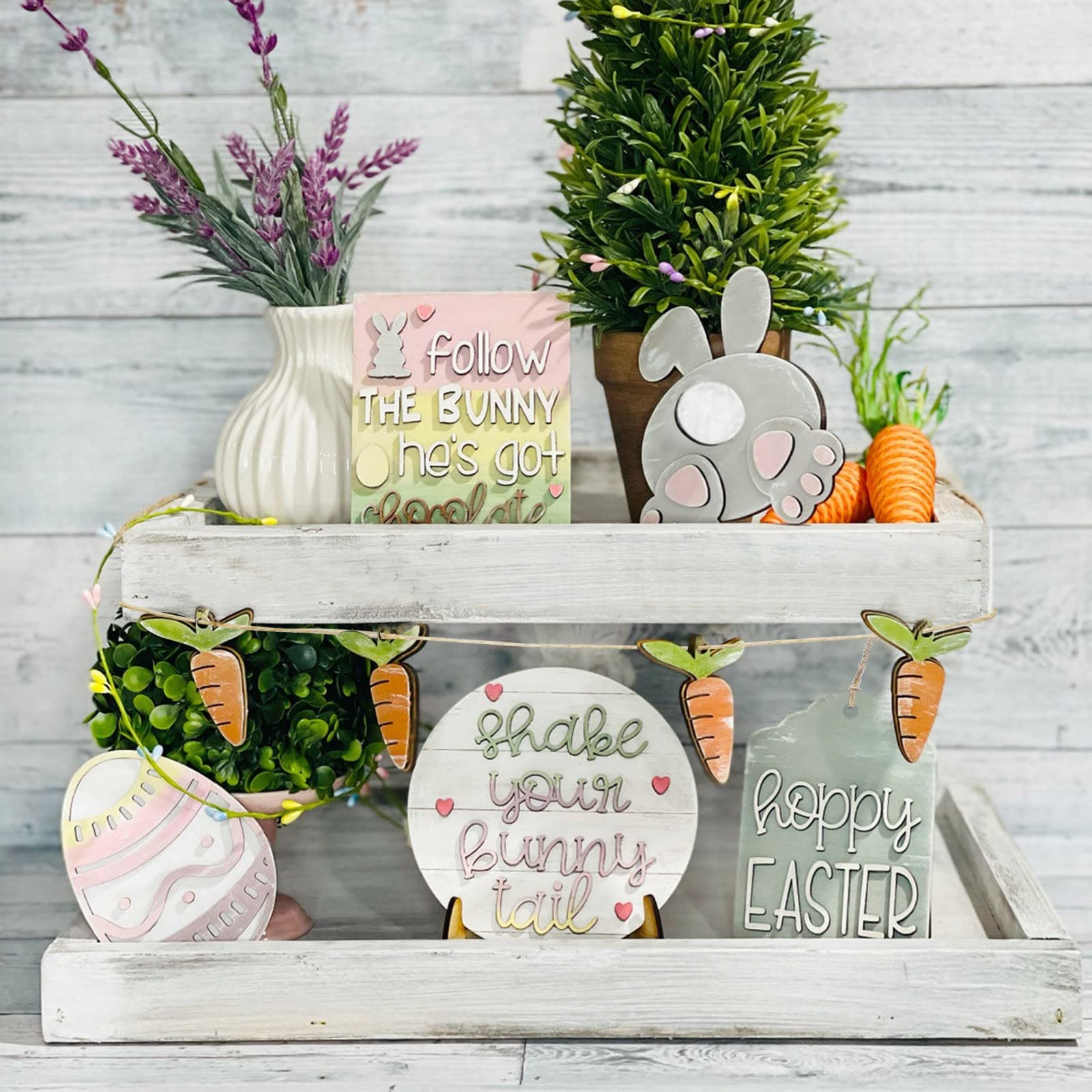 3D Mini Wooden Bunny Signs Easter Tiered Tray Decor - Rustic Wooden Easter Decorations for Home, Office & Party - Perfect for Spring Table Centerpieces, Shelf Displays & Holiday Gift Giving