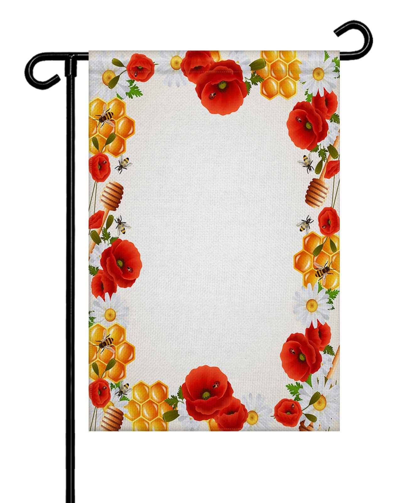 Double Sided Burlap Spring Bee Garden Flag - Sweet Honey Blooming Red White Flowers Welcome Banner, 28x40 Inch Seasonal Vertical Yard Decoration for Patio, Lawn & Outdoor Spaces | Perfect for Spring Decor, Front Yard Welcome Sign & Garden Party Decorations