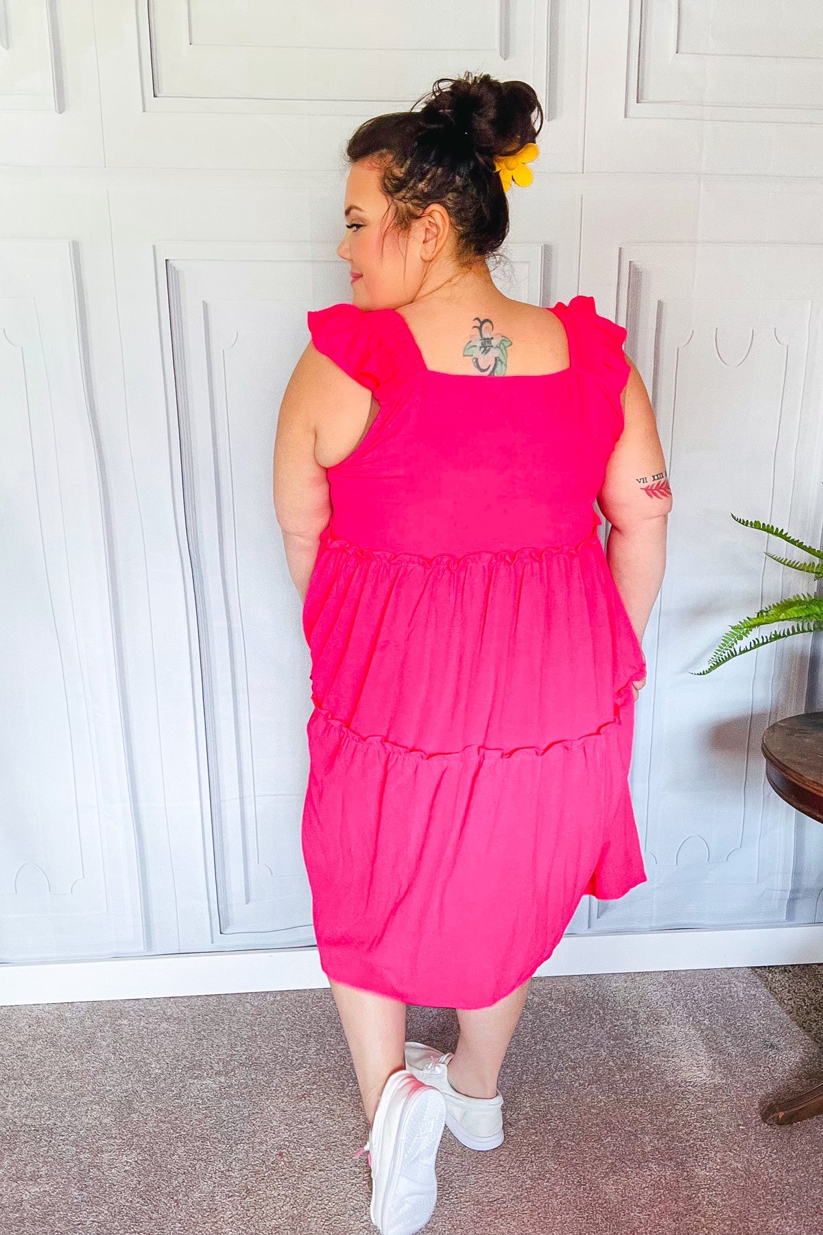 Fuchsia Smocked Flutter Sleeve Tiered Midi Dress for Women - Elegant Summer Casual & Wedding Guest Outfit