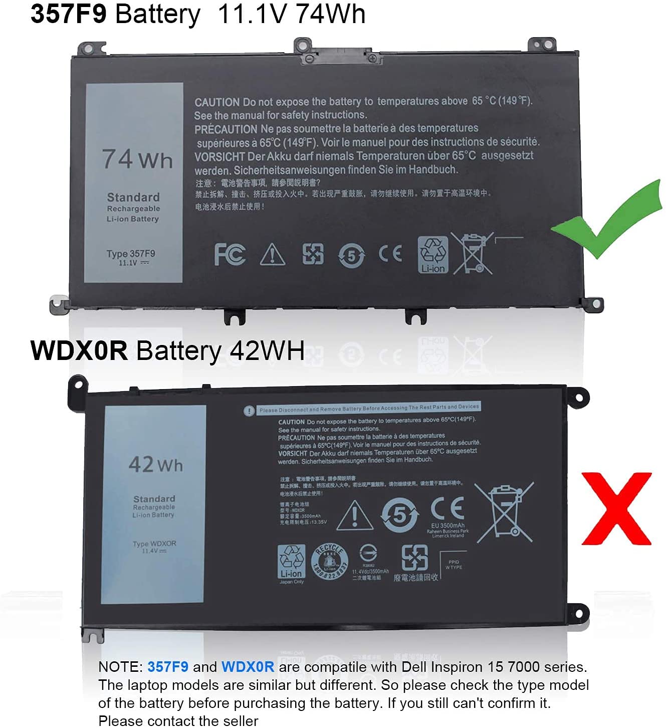 74WH 357F9 Replacement Laptop Battery for Dell Inspiron 15 7000 Gaming Series (7559/7557/5576/5577/7566/7567/7759) - Compatible with P65F, P57F, 071JF4, 0GFJ6, 0357F9 Models - 11.1V High Capacity Battery for Extended Gaming & Work Sessions