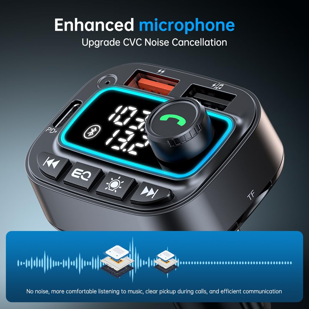 Bluetooth 5.3 FM Transmitter for Car with 42W USB C Fast Charger (PD30W & 12W) - Wireless Radio Receiver, Hands-Free Calling, MP3 Player, Deep Bass - Perfect for Road Trips & Commuting (Black)
