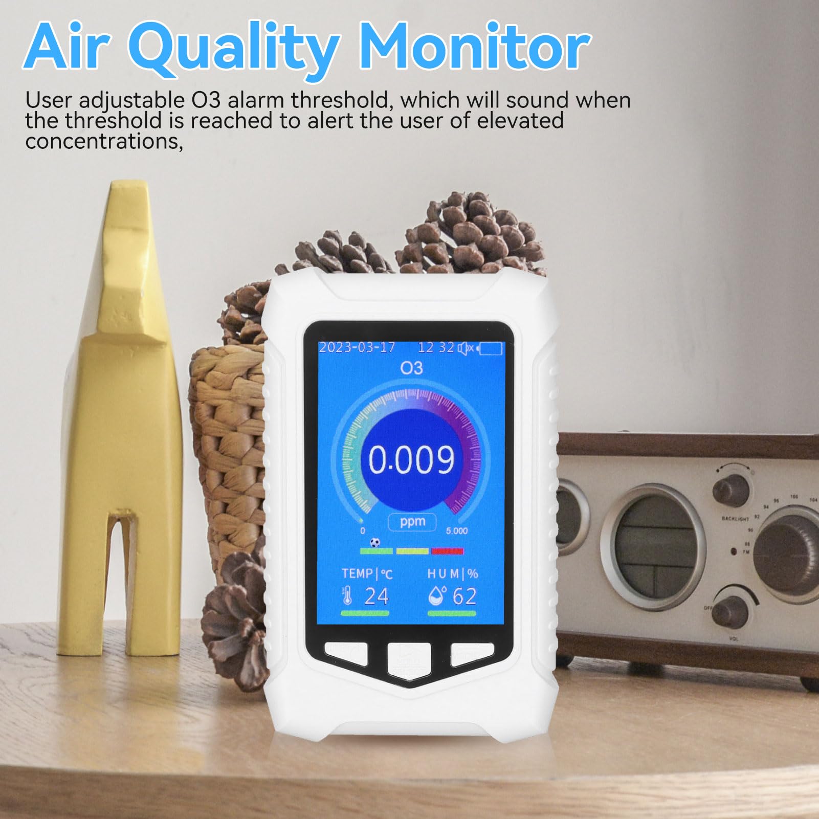 3-in-1 Air Quality Monitor with Ozone Detector, Temperature & Humidity Sensor - Portable USB Rechargeable O3 Gas Meter for Home, Office & Travel - Perfect for Indoor Air Pollution Testing & Smart Home Monitoring