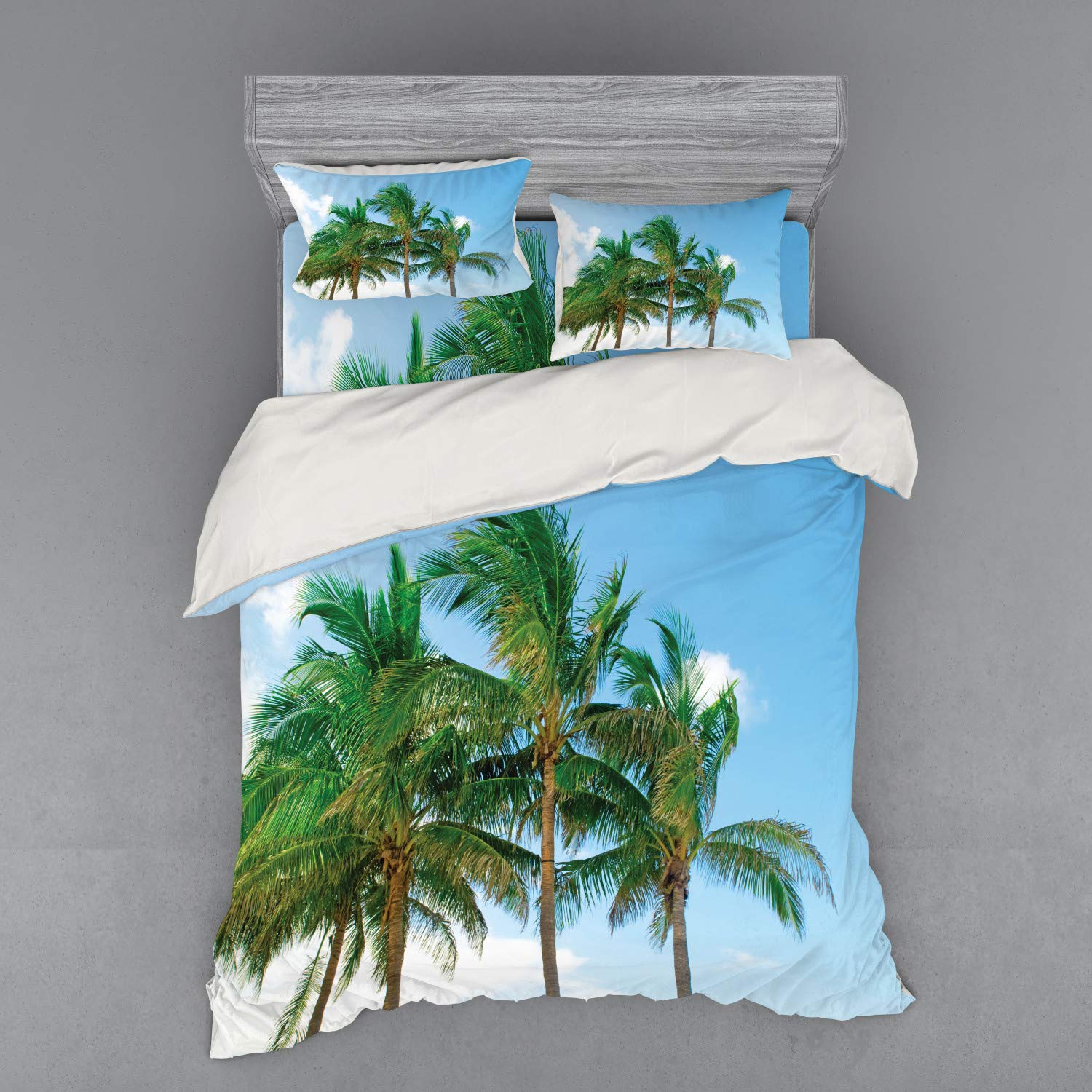 Ambesonne Tropical Duvet Cover Set - Queen Size 4-Piece Bedding with Palm Tree Design, Green | Exotic Nature Theme for Bedroom Decor | Perfect for Beach House, Vacation Home or Tropical Bedroom Retreat