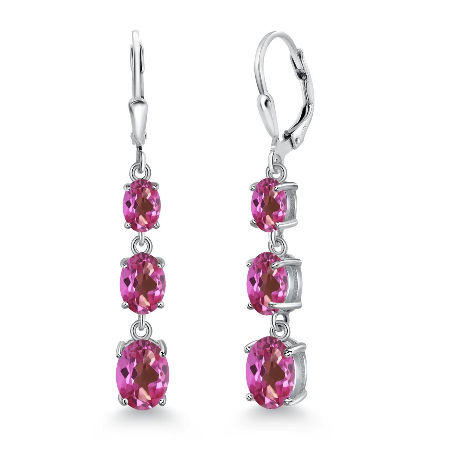 Gem Stone King 3-Stone Leverback Drop Dangle Earrings for Women - 925 Sterling Silver Birthstone Jewelry | Oval 8x6mm, 7x5mm & 6x4mm Gemstones | Elegant Gift for Mom, Wife, Her | Perfect for Weddings, Anniversaries & Special Occasions
