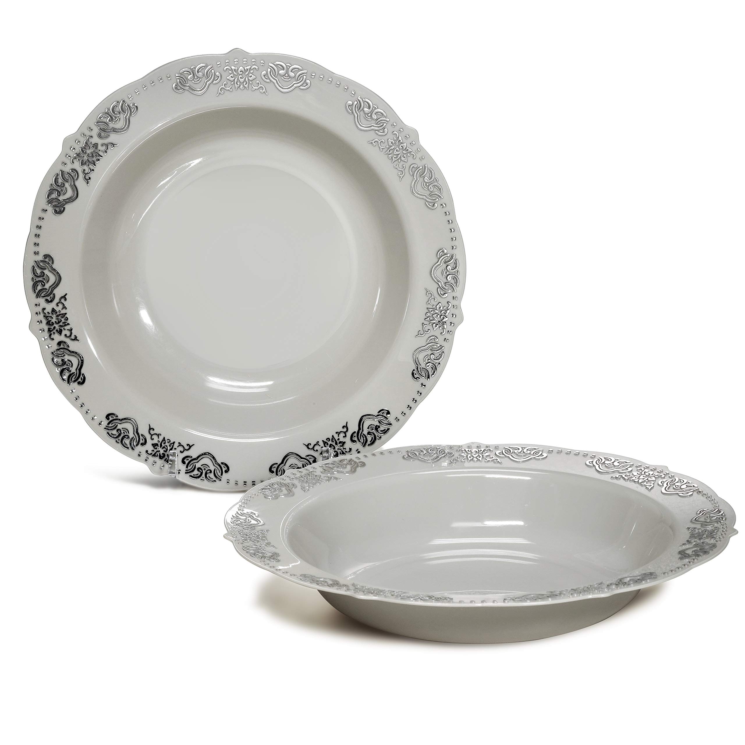 60-Piece Disposable Plastic Plates & Bowls Set - 10oz Soup Bowls for Weddings, Parties & Events (Warm Gray & Silver) - Perfect for Catering, BBQs, Picnics & Family Gatherings