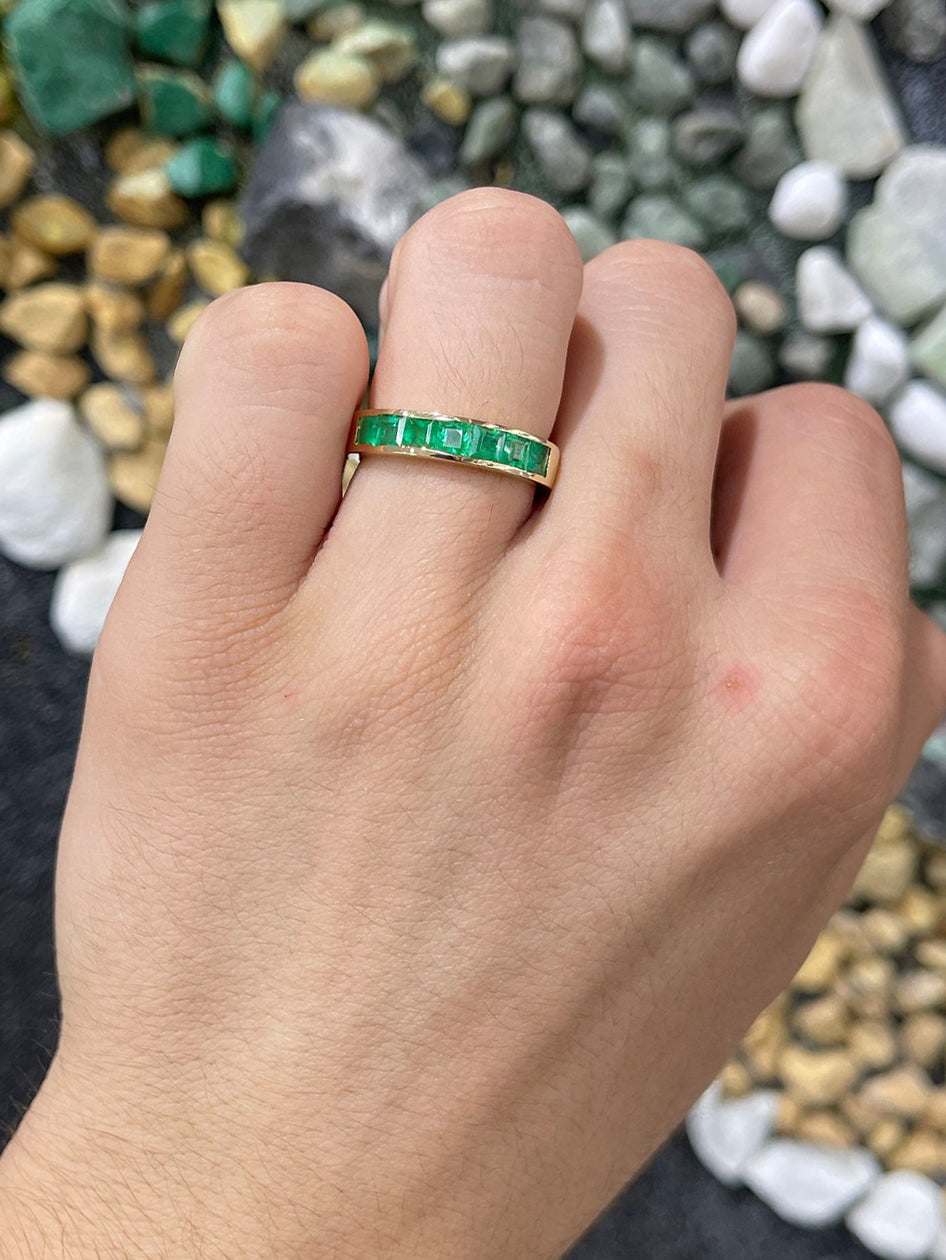 1.40tcw Genuine Vivid Green Emerald 14K Gold Wedding Band Ring for Men - Perfect for Engagement, Anniversary & Special Occasion Gifts