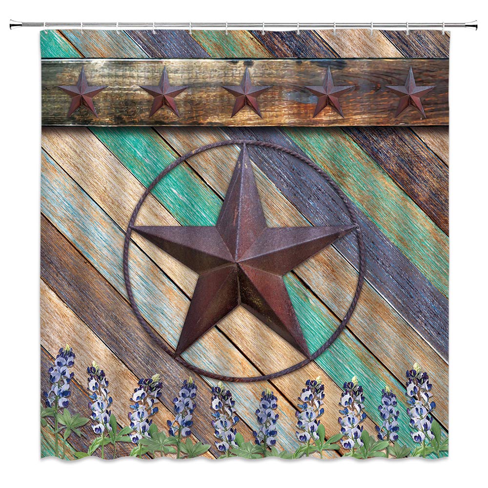 Texas Star Bluebonnet Shower Curtain - Spring Wild Lupins Rustic Planks Western Barn Decor - Brown Fabric Bathroom Set with Hooks Included - Perfect for Farmhouse, Country & Rustic Bathroom Decor