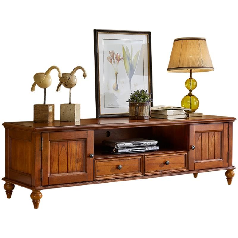 Calvin Glass Display 2 Drawer TV Console Coffee Table - American Classic Style Solid Wood Living Room Furniture for Home Decor & Entertainment Storage