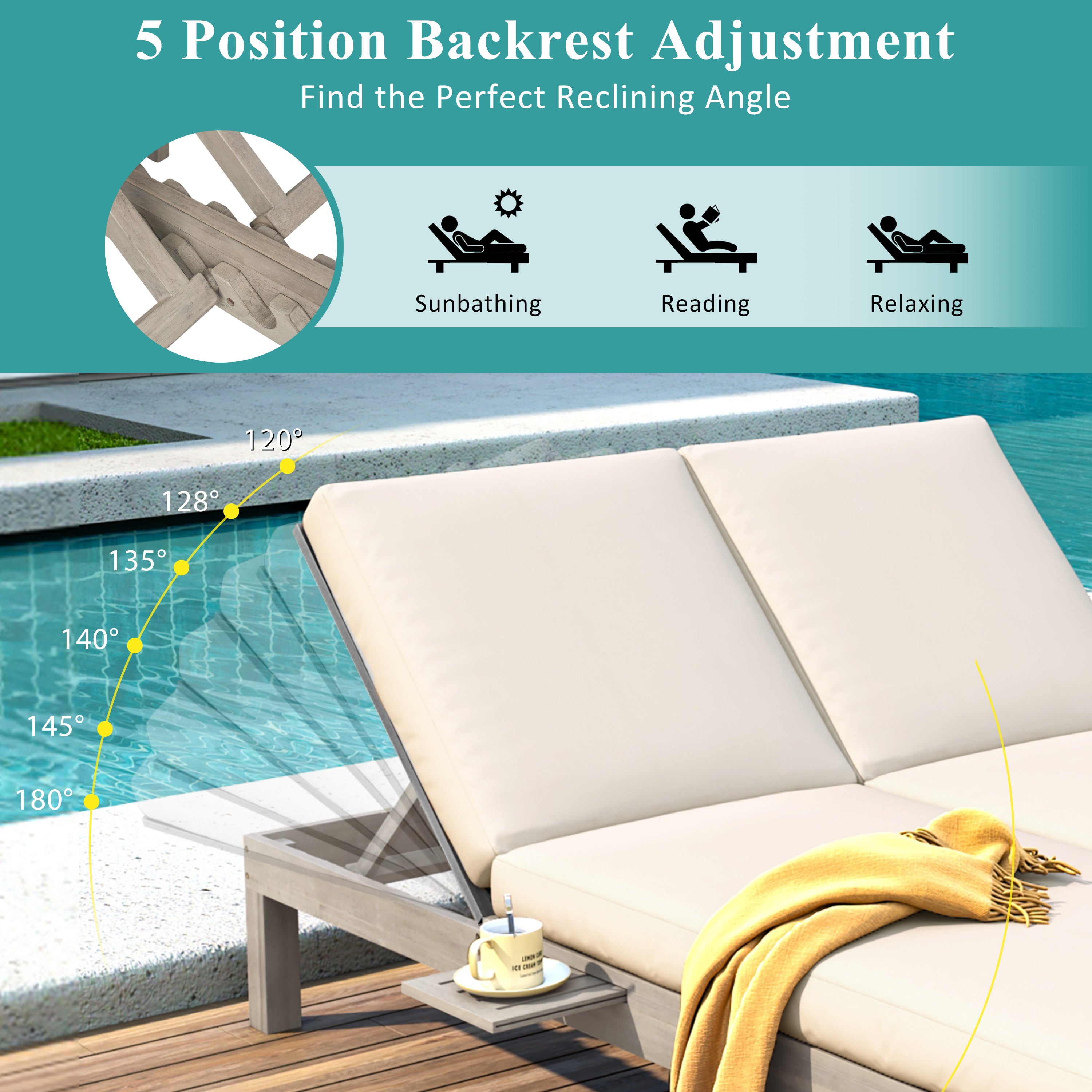 5-Position Adjustable Backrest Outdoor Chaise Lounge Daybed with Cushion & Folding Side Trays - Patio Poolside Garden Furniture for 2 People - Perfect for Sunbathing, Relaxing by the Pool or Backyard Lounging