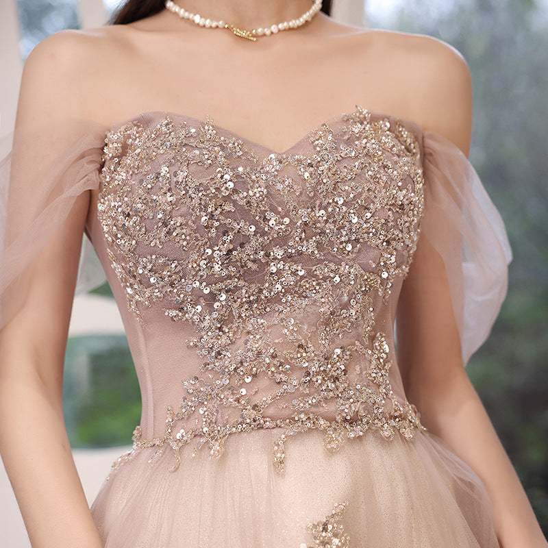 Elegant Off Shoulder Sequin Prom Dress - A-Line Tulle Formal Gown for Homecoming, Evening Party & Special Occasions | Style 667