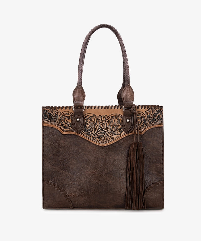 Montana West Genuine Leather Tooled Fringe Tote Bag for Women - Stylish Western Handbag for Work, Travel & Everyday Use
