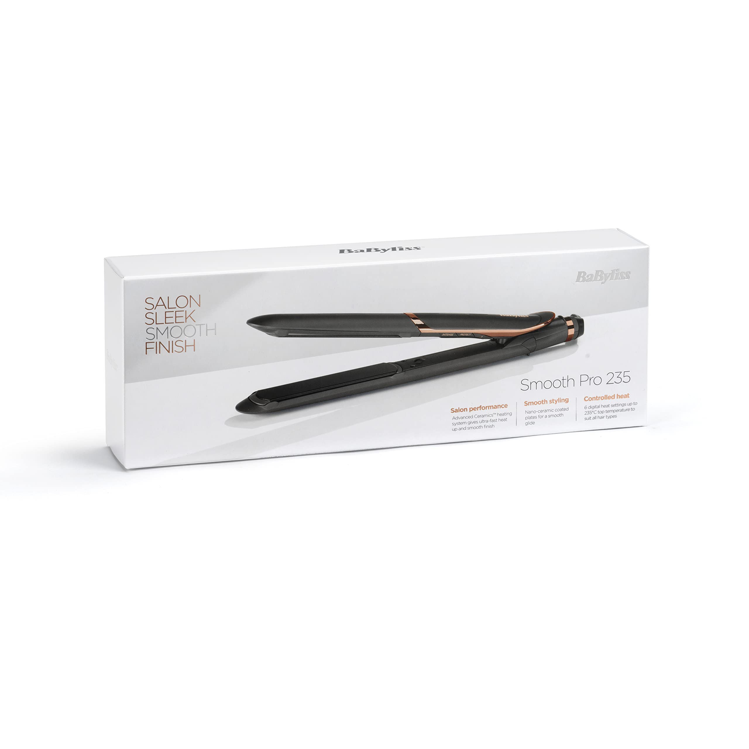 BaByliss Smooth Pro 235 Hair Straightener - Ionic Ceramic Flat Iron with 6 Heat Settings (140°C-235°C) for Salon-Quality Smoothing & Frizz Control | Perfect for Home Use, Travel & Professional Styling