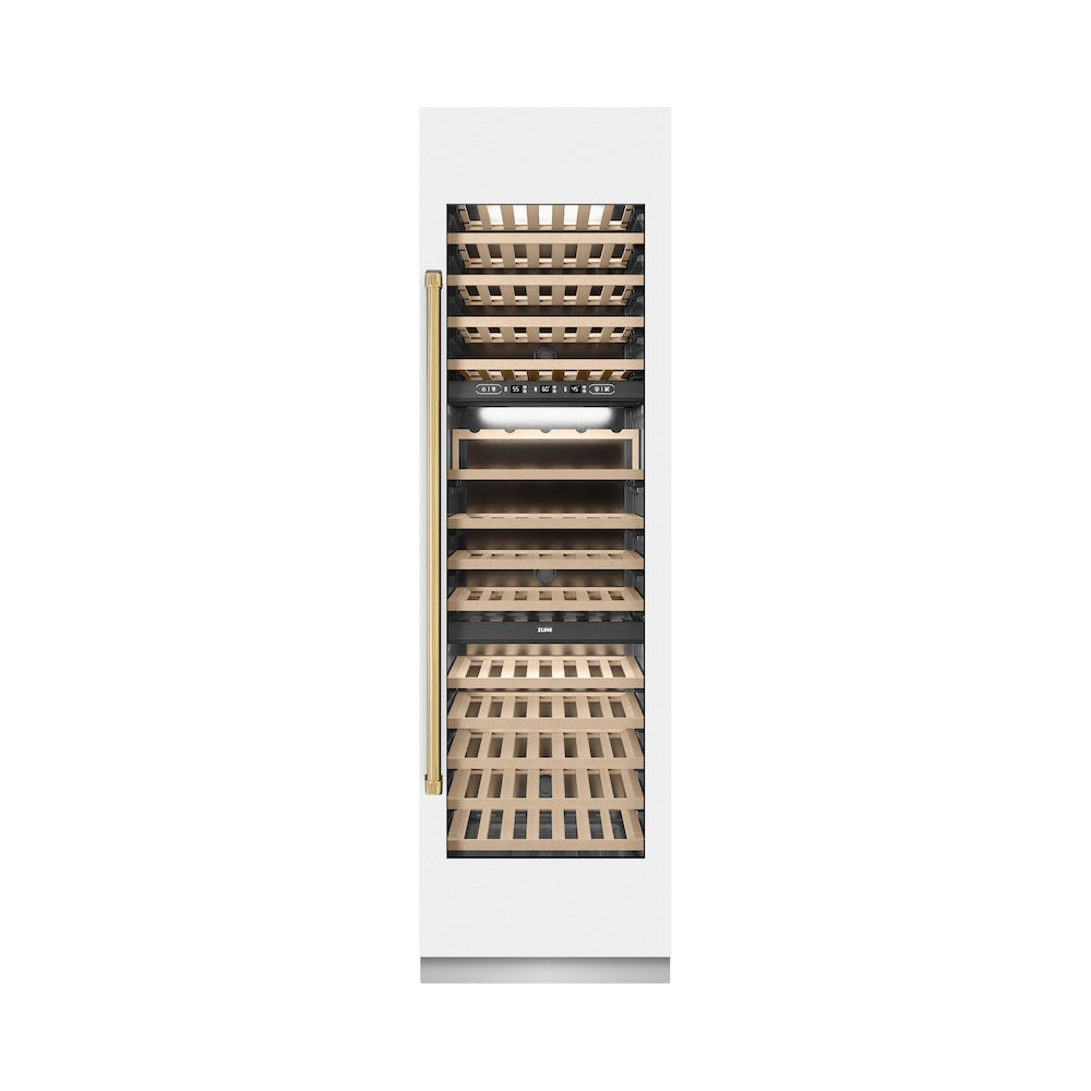 ZLINE Autograph Edition 24-Inch 12.4 cu ft Triple Zone 100 Bottle Wine Cooler Refrigerator - White Matte with Polished Gold Accents (RCWVZ WM 24 G) for Home Bar, Kitchen, and Wine Cellar Storage