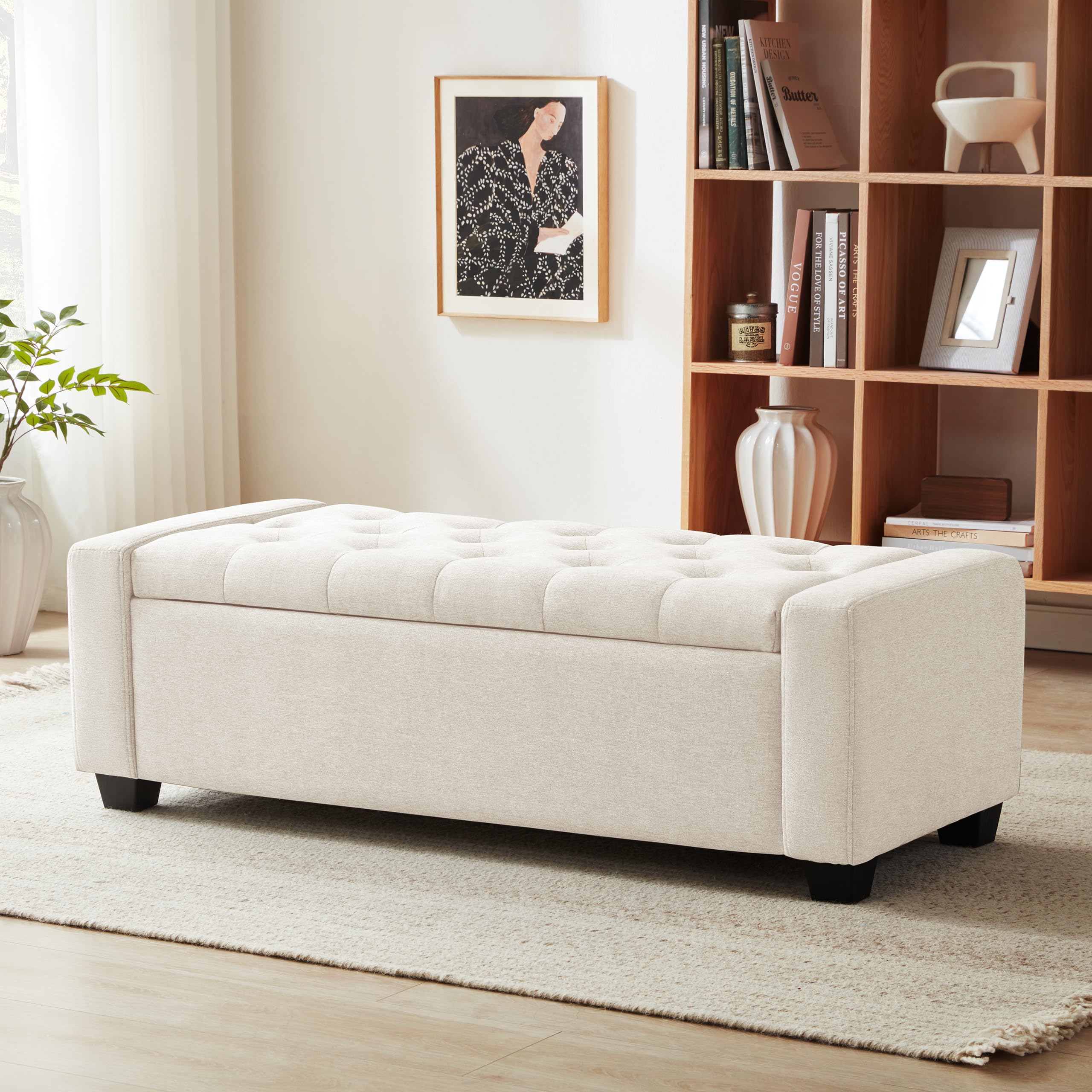 Upholstered Storage Ottoman Bench with Safety Hinge - 330 lb Capacity, Beige - Multi-Functional Seating & Storage Solution for Bedroom, Living Room, Entryway & Dorm