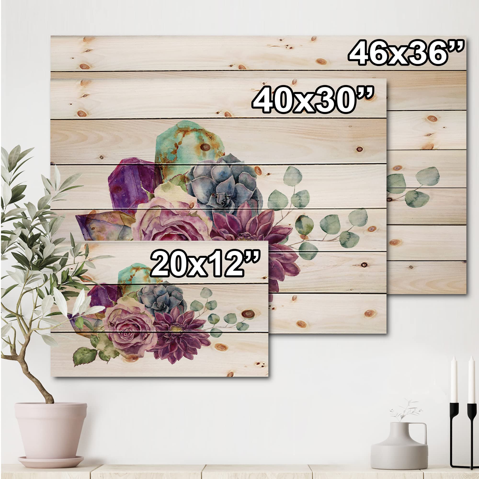 DesignQ Bouquet of Flowers with Succulents & Eucalyptus Wood Wall Art - Large Floral Pine Wood Wall Decor for Living Room, Bedroom, Office - Purple Traditional Wood Wall Panels Printed on Natural Pine