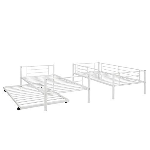KLMM Heavy Duty Metal Bunk Bed - Twin Over Twin with Trundle, Guardrails & Ladder - Convertible to 2 Separate Beds - No Box Spring Needed - Perfect for Kids' Bedrooms, Guest Rooms & Small Spaces