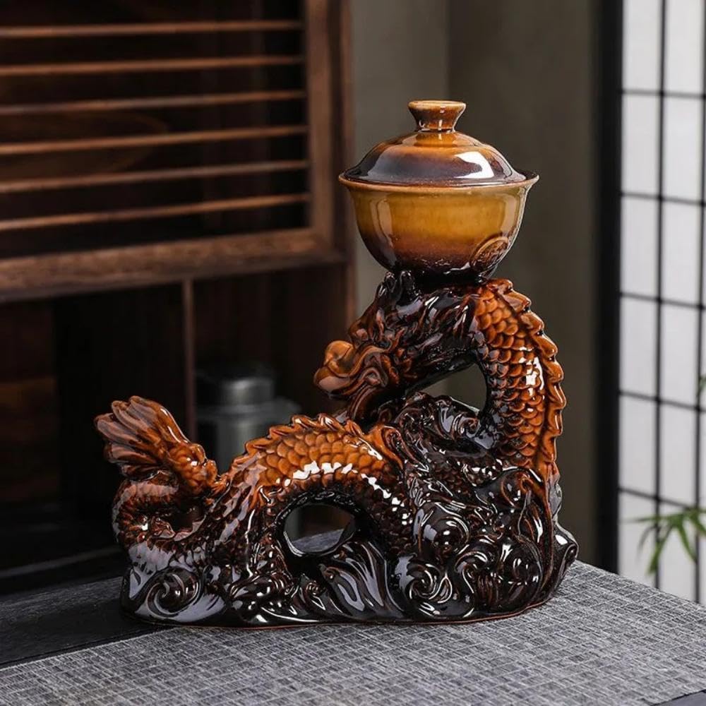 Premium Ceramic Teapot with Removable Stainless Steel Infuser - 40oz Semi-Automatic Magic Tea Maker Set with 8 Matching Cups (Gradient Yellow Dragon Design) - Perfect for Home, Office, Tea Parties & Gifts