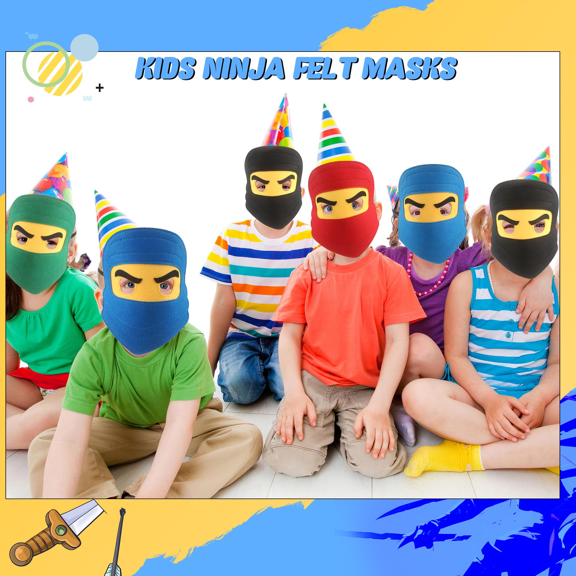 20 Pieces Kids Ninja Masks - Soft Felt Elastic Cartoon Masks for Boys & Girls - Halloween Costume Party Supplies - Ninja Theme Birthday Favors - Perfect for Cosplay, Role Play & Themed Parties