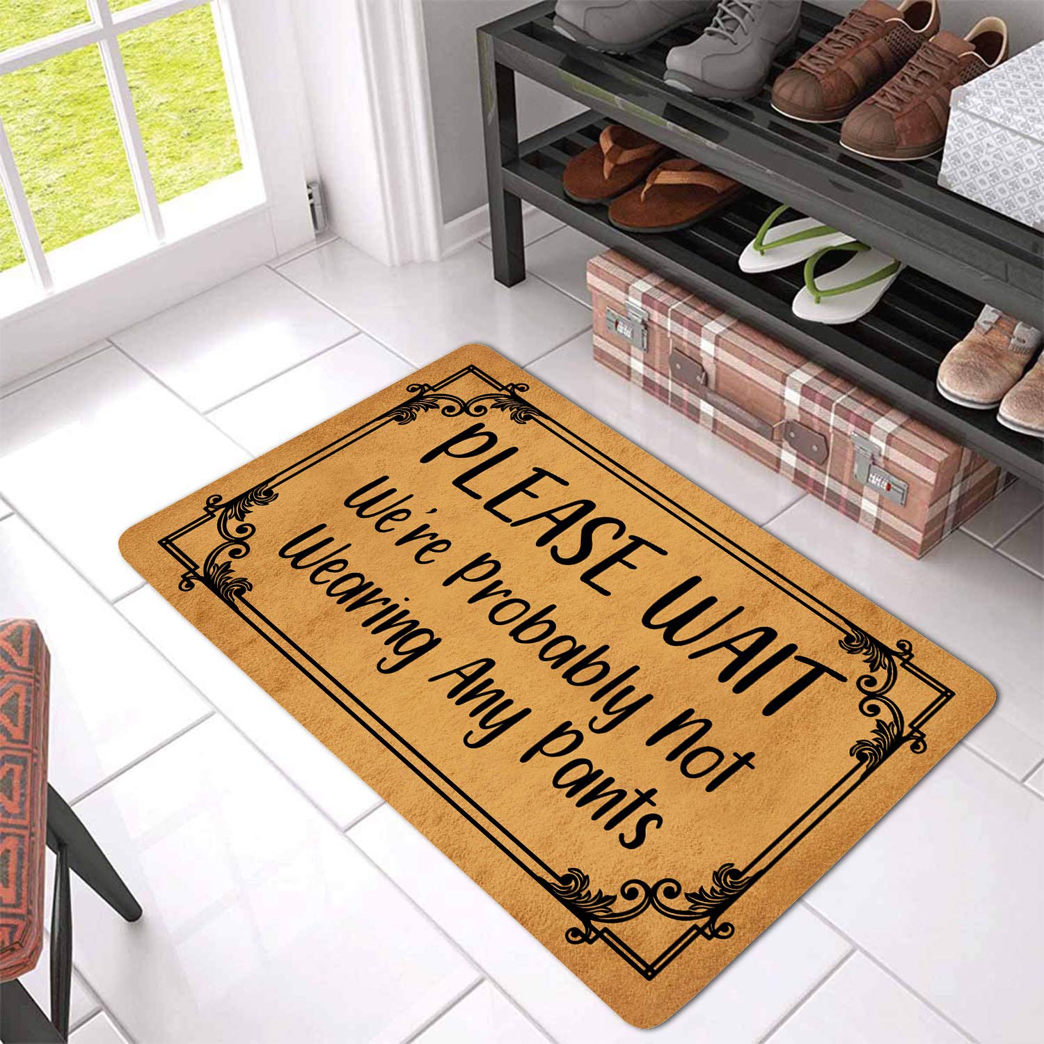 Funny Doormat 'Hold On We're Probably Not Wearing Any Pants' - Non-Slip Rubber Backing, Machine Washable Indoor/Outdoor Entrance Mat 29.5x17.7 Inches - Perfect for Front Door, Home Decor & Gifts