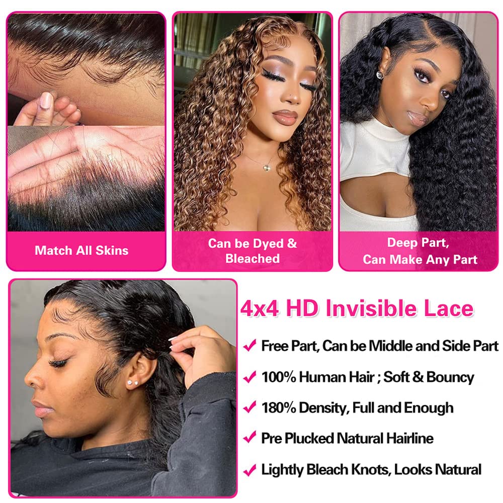 Brazilian Virgin Human Hair Lace Front Wig - 180% Density 4x4 Lace Closure, Water Wave Curly Glueless Wig with Baby Hair for Black Women | 22 Inch Natural Color | Perfect for Daily Wear, Parties & Special Occasions